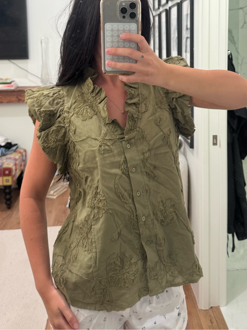 entro Olive Green Textured Ruffle Blouse